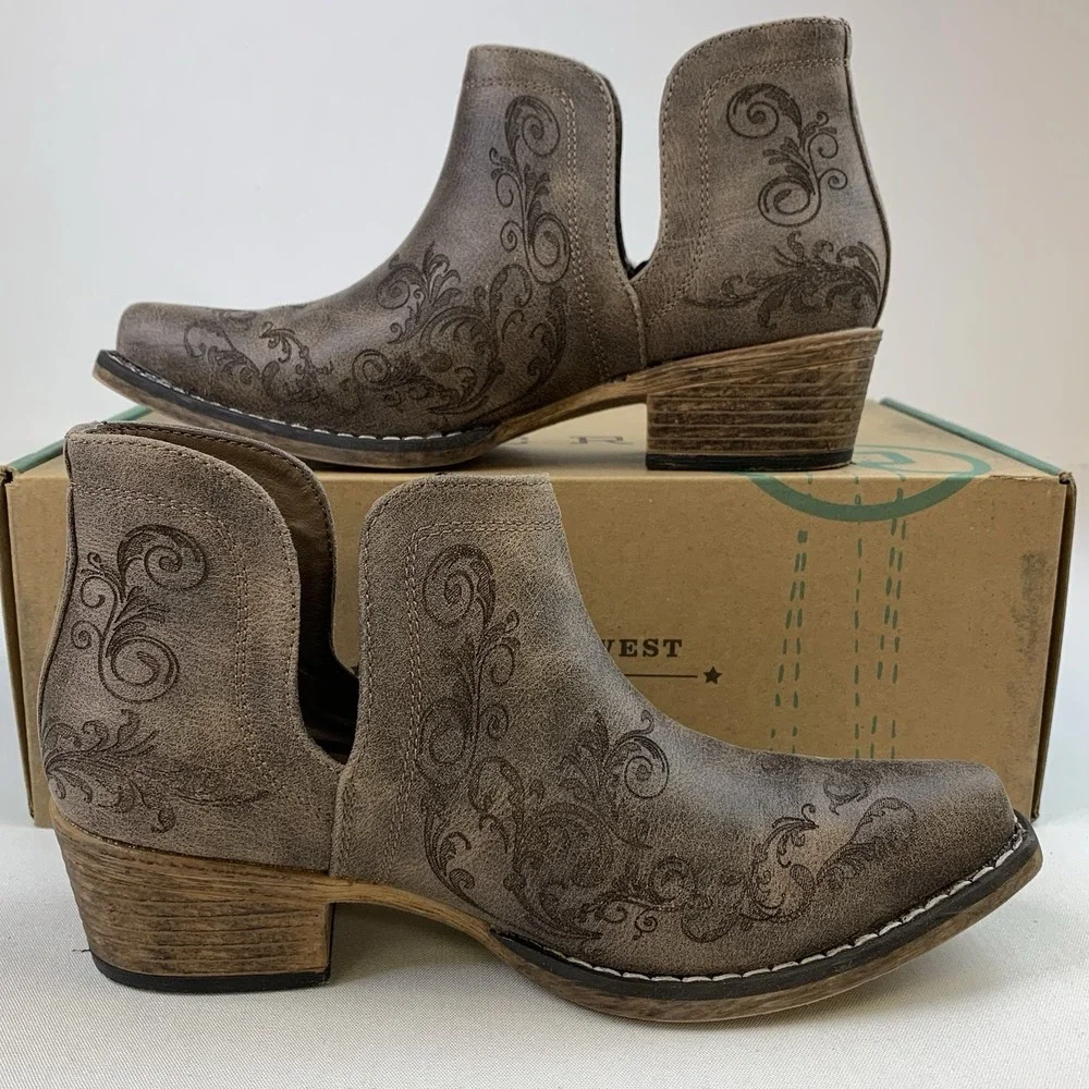 Roper Ava Embossed Snip Toe Cowboy Booties Womens Brown Casual Boots Sz 6‎
